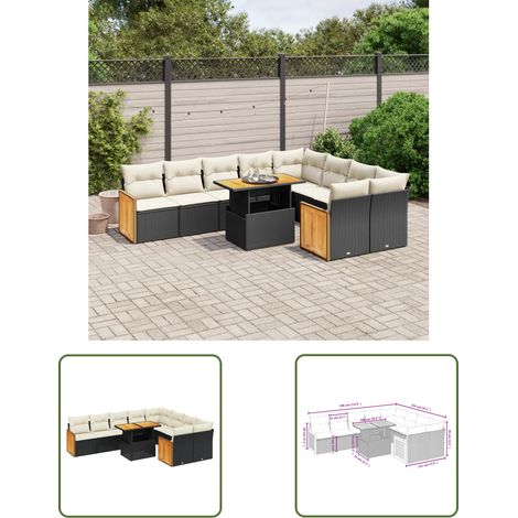 The Living Store Salon de jardin 10 pcs avec coussins noir résine tressée - Ensemble Salon De Jardin - Mobilier De Jardin - Table De Jardin Extensible - Chaise Longue - Fauteuil De Jardin (1/3)