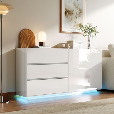 Comanlai - Buffet 160 cm Haut Moderne avec Éclairage LED, Commode Meuble TV avec 3 Tiroirs et 2 Portes, Façade Haute Brillance en MDF, Meuble de Rangement Salon Chambre - Blanc (1/5)