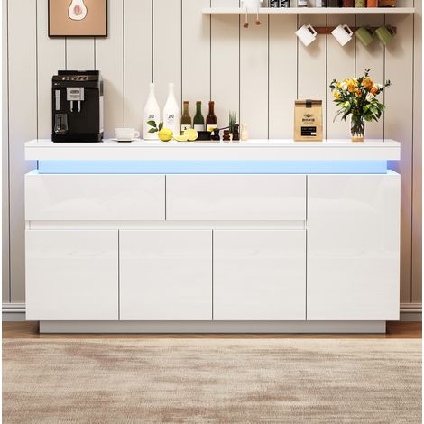 Buffet LED blanc 140 x 35 x 72,5 cm, 2 tiroirs, 4 portes, 10 compartiments, finition brillante, éclairage d’ambiance et rangement salon moderne - CHICFURN (1/5)