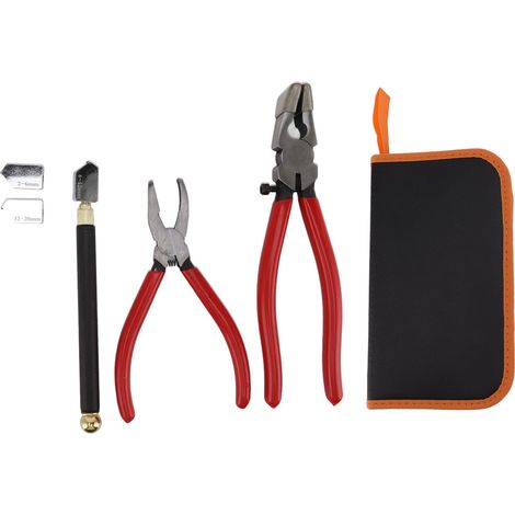 Kit de coupe-verre comprenant une pince brise-verre à mâchoires courbes, un stylo coupe-verre, 2 lames et un compte-gouttes d'huile. (1/5)