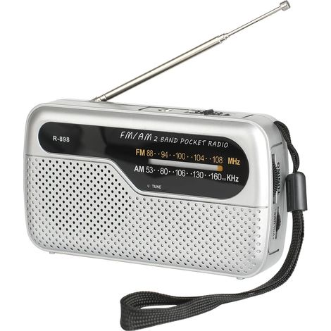 Radio FM/AM (argentée), alimentée par piles, haute sensibilité, haut-parleur intégré, antenne rotative, prise casque 3,5 mm (1/5)