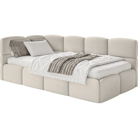 Selsey Cloudy – Einzelbett 120x200, Kopfteil links, Matratze & Bettkasten, Samt Hellbeige