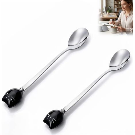 Lot de 2 cuillères en forme de chat – cuillères à café et à thé en forme de chat pour remuer et servir idéales pour la maison, la cuisine, les cafés et les glaciers, ou pour un usage quotidien (noire (1/5)