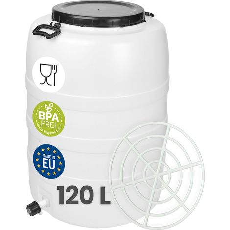 Garronda 120 L mit Hahn und Pressring Regentonne Regenfass Weithalsfass Futtertonne aus HDPE als Kunststofffass und Wasserbehälter für Wasser Lebensmittel zur Lagerung und Fermentierung GD-0187 Weiß (1/5)