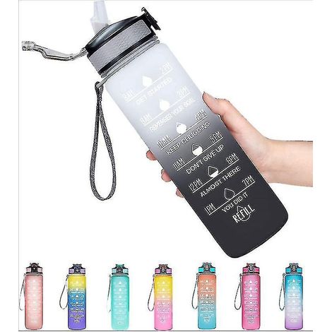 Auslaufsichere 1-Liter-Sportwasserflasche mit Timer und Motivationsbotschaft – Grün/Lila