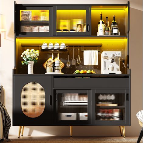 Buffet de cuisine 145x39x171 cm noir en MDF avec LED, 5 portes et grand espace de rangement