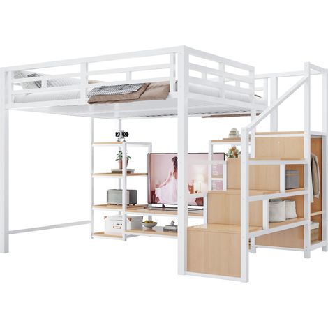 Lit mezzanine 140x200 avec support TV, prise intégrée et échelle de rangement sécurisée, structure métal et MDF, blanc, idéal petits espaces  CHICFURN (1/5)