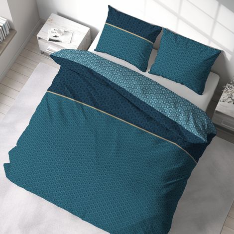 Parure de lit Adulte 100% Coton - Housse de Couette + 2 Taies d'oreiller imprimé géométrique réversible Bleu, Finitions dorées (1/2)
