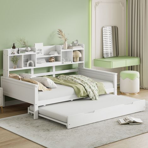 MEUBLIV Lit 90x200 cm blanc – avec lit gigogne, rangements et étagères, sans matelas (1/5)