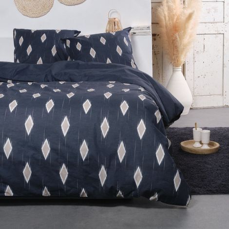 Parure de lit double réversible "Sunshine" en coton imprimé de losanges - Bleu - 240 x 260 cm - Livraison gratuite (1/3)