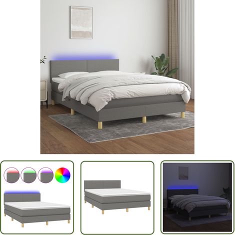 The Living Store Sommier à lattes de lit et matelas et LED Gris foncé 140x200 cm - Sommier Tapissier - Lit Plateforme - Lit Avec Rangement - Tête De Lit Ajustable - Éclairage Led (1/5)