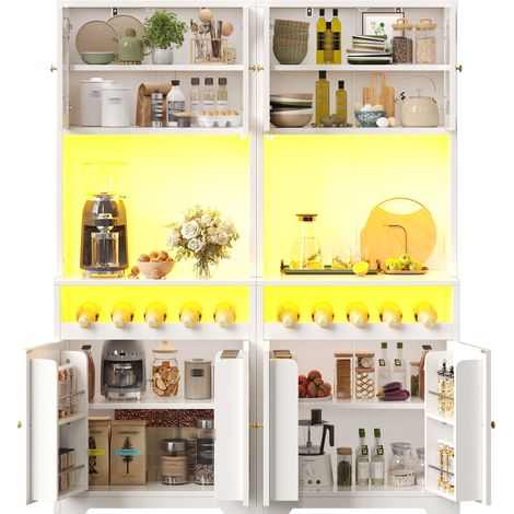 Set de 2 buffets hauts de cuisine Blanc,meuble de rangement moderne,avec étagères réglables,140x38.3x180cm,cuisine,salon (1/5)