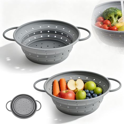 Lot de 2 passoires à pâtes pliables - 28 cm - En silicone - Sans BPA - Passe au lave-vaisselle - Pour égoutter les pâtes, les fruits, les légumes (gris) (1/5)