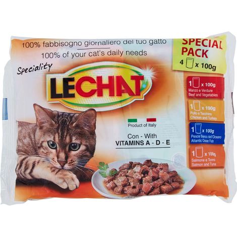 Lechat Classico Bissen in Soße für Katzen Multipack 4 x 100g Sortierte Geschmacksrichtungen (Rind, Hähnchen, Weißfisch, Lachs)