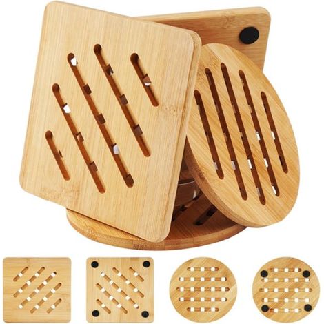 Ensemble de 4 dessous de plat résistants à la chaleur - protection contre l'induction - dessous de plat antidérapants - tapis de protection pour la cuisine - dessous de plat en bambou couleur bois (1/5)