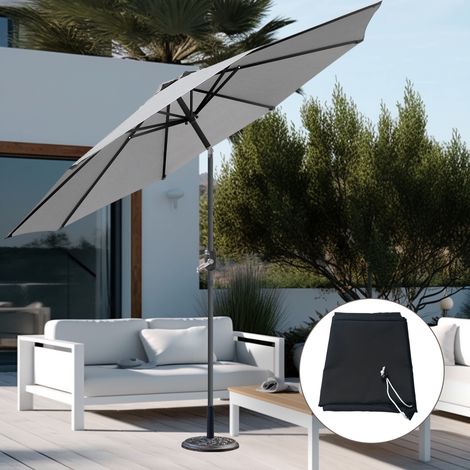 2.7M Grey Round Garden Parasol Patio Crank Tilt Umbrella w/ Base Cover (1/5)