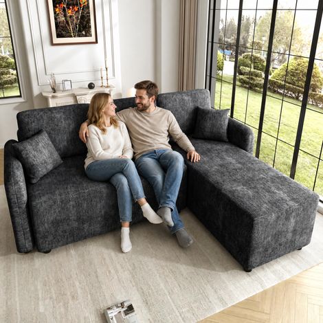 Canapé d’angle - canapé en L rembourré 3 places 187,5 cm avec méridienne 144 cm et 2 coussins - mousse haute densité - chenille - Noir (1/5)