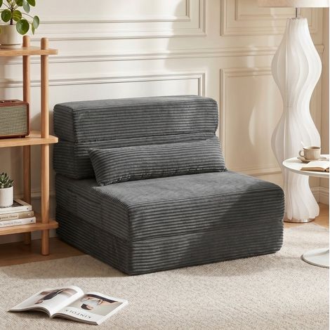 Divano da pavimento convertibile 70x200 cm con 4 posizioni, schienale e cuscino lombare, tessuto corda, grigio scuro (1/5)