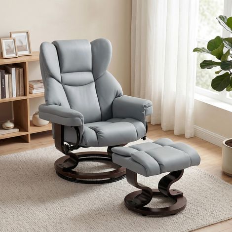 Fauteuil inclinable pivotant avec repose-pieds, dossier haut, mousse haute densité, base en bois, gris clair (1/5)
