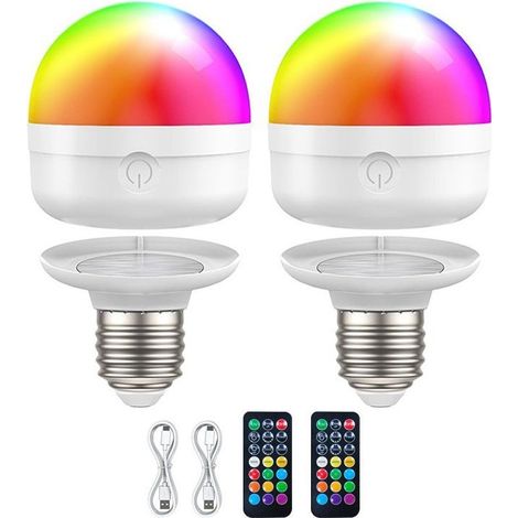 2 Pack Ampoule Rechargeable USB C Avec Télécommande,Ampoules LED E27 7W,Ampoule Rechargeable RGB à Intensité Variable Avec Minuterie Et Batterie,Lampe De Secours D'extérieur 2500mAh Avec Aimant (1/5)
