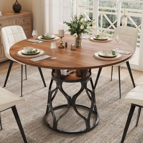 Table de salle à manger ronde 100x100x75 cm en MDF brun, avec rangement, pour cuisine FloraGrace (1/5)