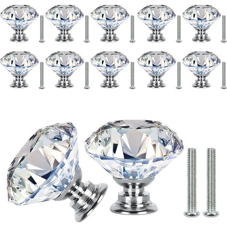 Bouton De Meuble En Verre De Cristal, Poignée De Tiroir Forme Diamant, Bouton D'armoire Avec Base, Accessoire Rénovation Adaptable Pour Commode Placard Maison, Lot De 12 Pièces Equipé De Vis De 25mm (1/5)