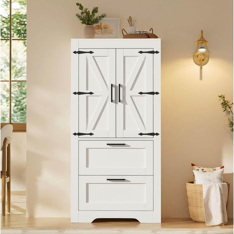 Aparador (60x30x128 cm), estilo granero, con estantes ajustables y 2 cajones, MDF y PB, blanco (1/5)