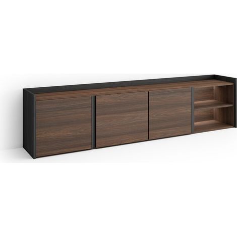 Skraut Home - Meuble TV, Banc Télé, Grand espace de Rangement, 207x35x50cm, Pour les TV jusqu'à 80", LED, Style moderne, Chêne foncé et Noir (1/5)