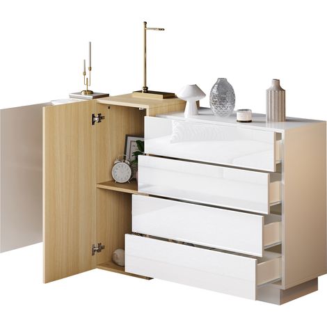 ELVMI Sideboard mit 4 Schubladen, 2 Türen, Verstellbaren Einlegeböden, Drucköffnung, MDF, 140 x 35 x 76.5 cm, Weiß (1/5)
