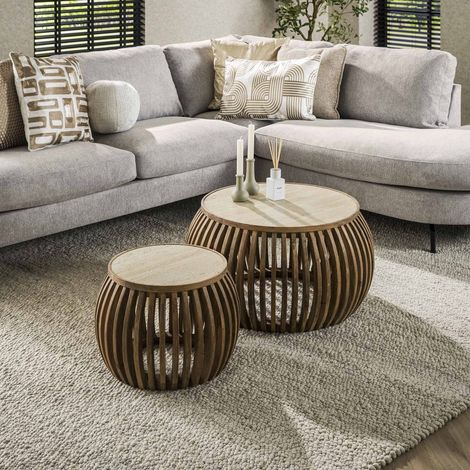 Vento-Kurve Couchtisch Ø75 massiver Mangosand, 2er-Set