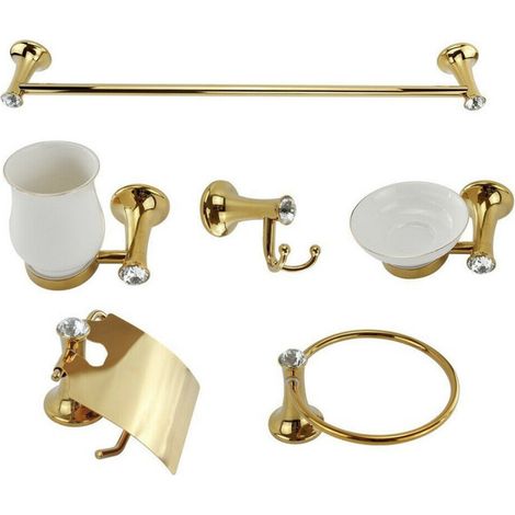 Trade Shop - Set 6 Pcs Accesorios De Baño Oro Y Cerámica Con Puntos De Luz De Cristal Acrílico -
