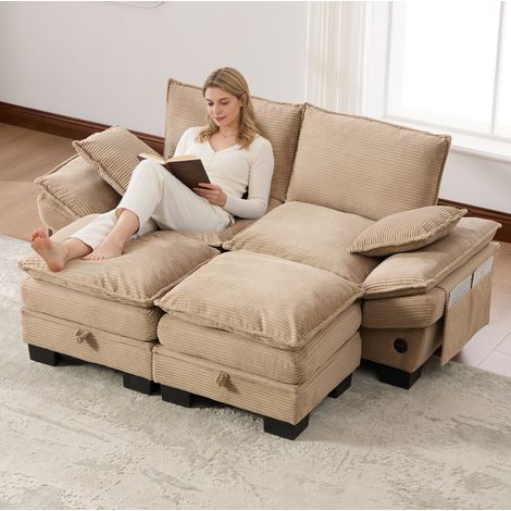 Divano modulare a 2 posti in velluto a coste con 2 pouf, USB-C e tasche laterali, kaki (1/5)