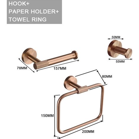 (Ensemble de 3 pièces C) Accessoires en or rose brossé : porte-brosse de toilette, porte-papier toilette, barre porte-serviettes, crochet de suspension, porte-savon (1/5)