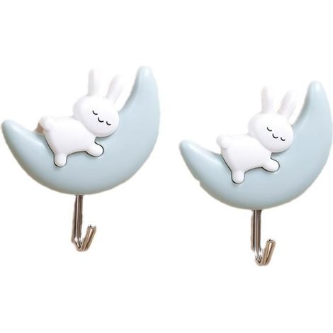 2-teilige Garderobenleiste für Badezimmer, Küche, Wohnzimmer, Toilette, mit Klebehaken, blaues Kaninchenmotiv (1/3)