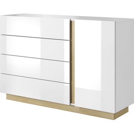 Cassettiera con 4 cassetti e 1 anta, Bianco + Bianco lucido + Rovere Grandson, 138,2 x 90,5 x 40 cm