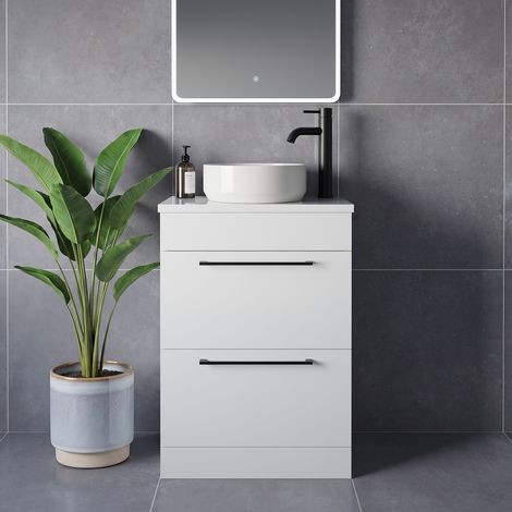 Napoli 390 Gloss White 600mm 2 Drawer Vanity Unit for Countertop Basins - 600mm - Matt Black 320mm Handle