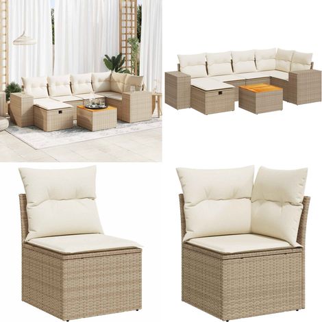 Set sofás de jardín 7 piezas y cojines ratán sintético beige - Cojines de jardín - Muebles de exterior