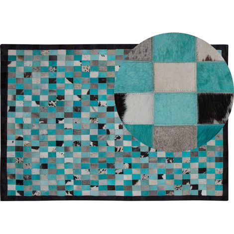 Alfombra de piel turquesa y gris patrón a cuadros 140 x 200 cm estilo moderno ecléctico Nikfer