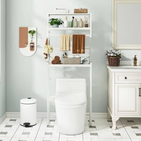 Gain de place dans la salle de bain, étagère au-dessus des toilettes avec 3 niveaux, porte-serviettes et crochets (1/5)