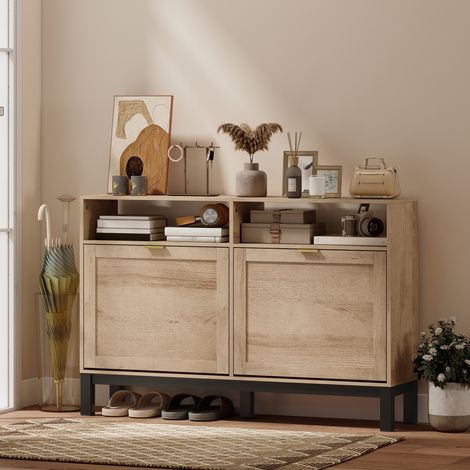 Étagère à chaussures mince et peu encombrante avec 2 portes à abattant et étagères réglables et amovibles pour 8 paires. Couleur noyer