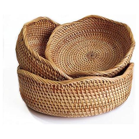 Panier vintage en paille - corbeille à fruits ronde - vide-poches en osier - panier de service tressé naturel - panier décoratif pour plan de travail - ensemble de 3 pièces (1/5)