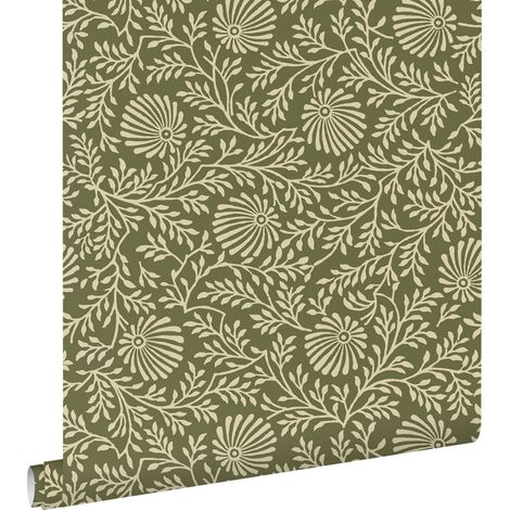 papier peint fleurs vintage vert olive grisé - ESTAhome (1/5)