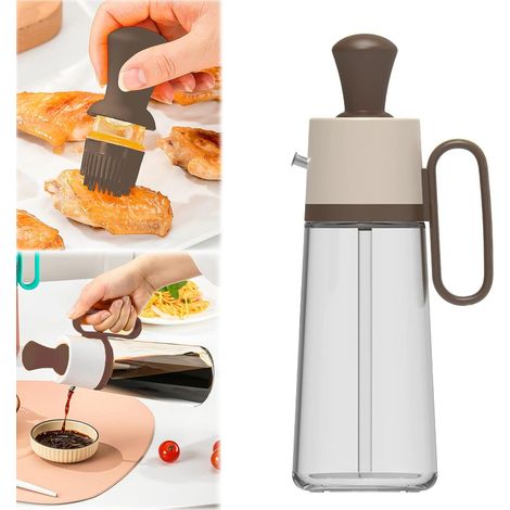 Flacon doseur d'huile avec pinceau en silicone 2 en 1, récipient en verre de 550 ml pour mesurer l'huile d'olive, flacon souple pour la cuisine, le barbecue et la pâtisserie. (1/3)
