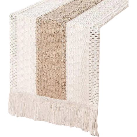 Nappe, chemin de table, patchwork de coton et lin, drapeau de table à pompons pour décoration de mariage et de fête prénuptiale, blanc et marron (1/5)