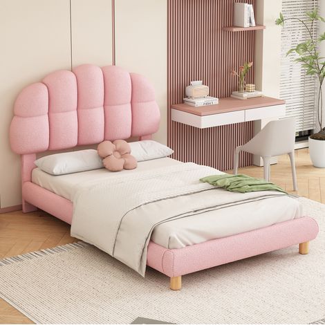 Lit simple rembourré en bouclette rose 90x200 cm avec sommier à lattes et tête de lit réglable (1/5)