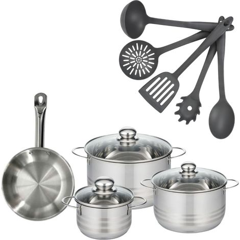 Set poêle 20 cm en inox, 3 faitouts inox 16, 20 et 24 cm et 5 ustensiles Fackelmann Eterna (1/5)