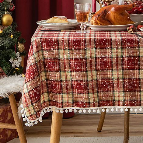 Nappe de Noël en coton et lin, nappe décorative à pompons en fausse fourrure, nappe de table style western, nappe à carreaux à motifs de flocons de neige rouges, 140 x 220 cm (1/4)