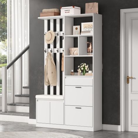 Armadio da ingresso 120x30x200 cm in MDF, armadio multifunzionale con panca imbottita, 2 vani porta scarpe, 1 cassetto, 2 ante e 10 appendiabiti, portata massima 30 kg per la zona ingresso, colore bia (1/5)