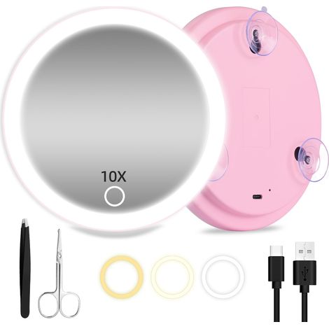 Miroir grossissant 10X avec éclairage, Miroir de Maquillage Rechargeable de 15 cm avec 3 lumières de Couleur, grossissement Portable 10X pour Les Voyages et Les travaux de précision