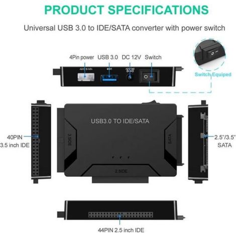 AuTech Adaptateur USB 3.0 vers Disque Dur IDE SATA pour 2.5 3.5 Pouces IDE SATA SSD HDD avec Alimentation Externe DC 12V 2A (1/4)